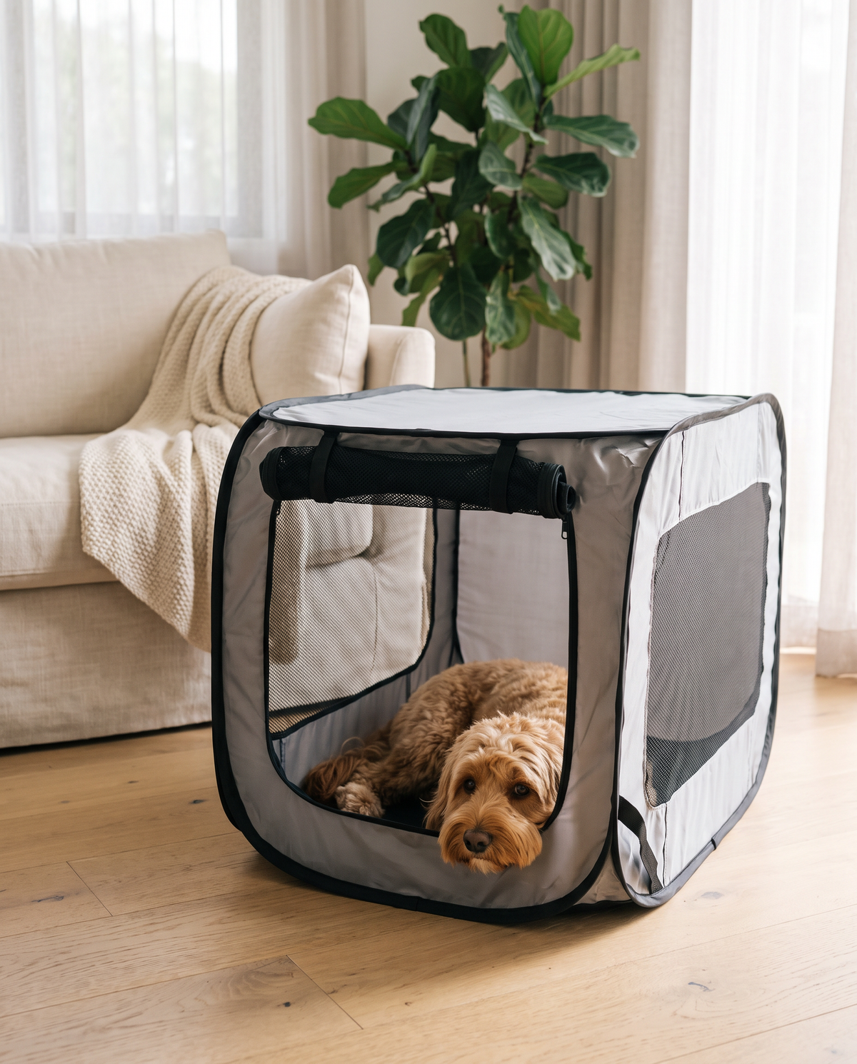 Dog resting in the Pop-Up Dog Kennel at home